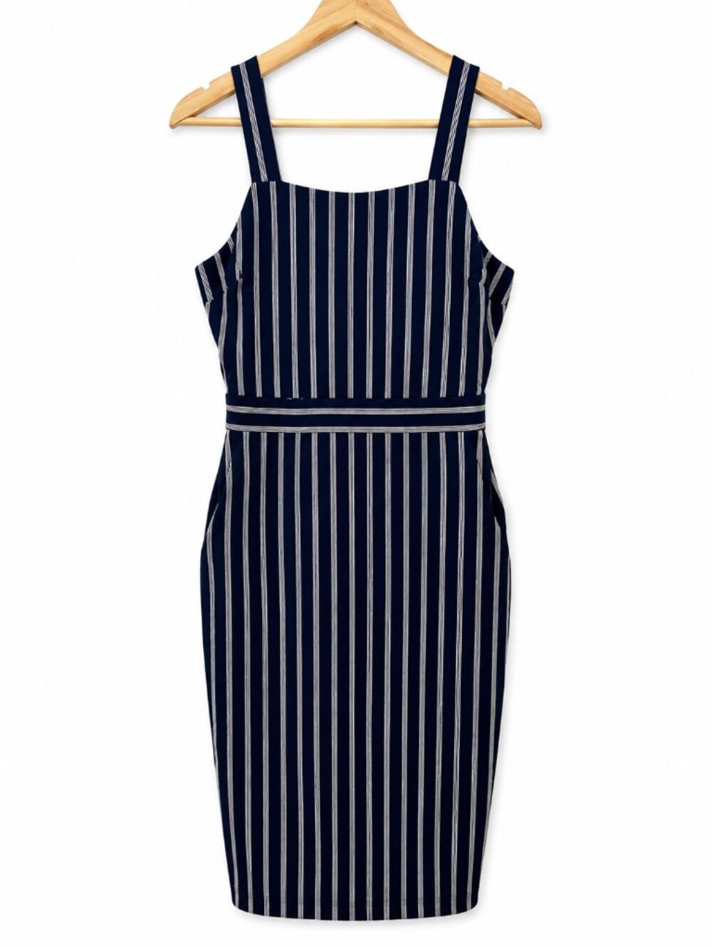 First Monday Navy Striped Square Neck Midi Dress